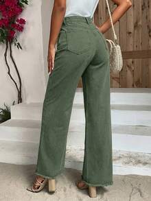Breezaya Celana Jeans Kasual Pinggang Tinggi Potongan Lurus Longgar dengan Lubang Sabuk - Hijau Tentara - View 2