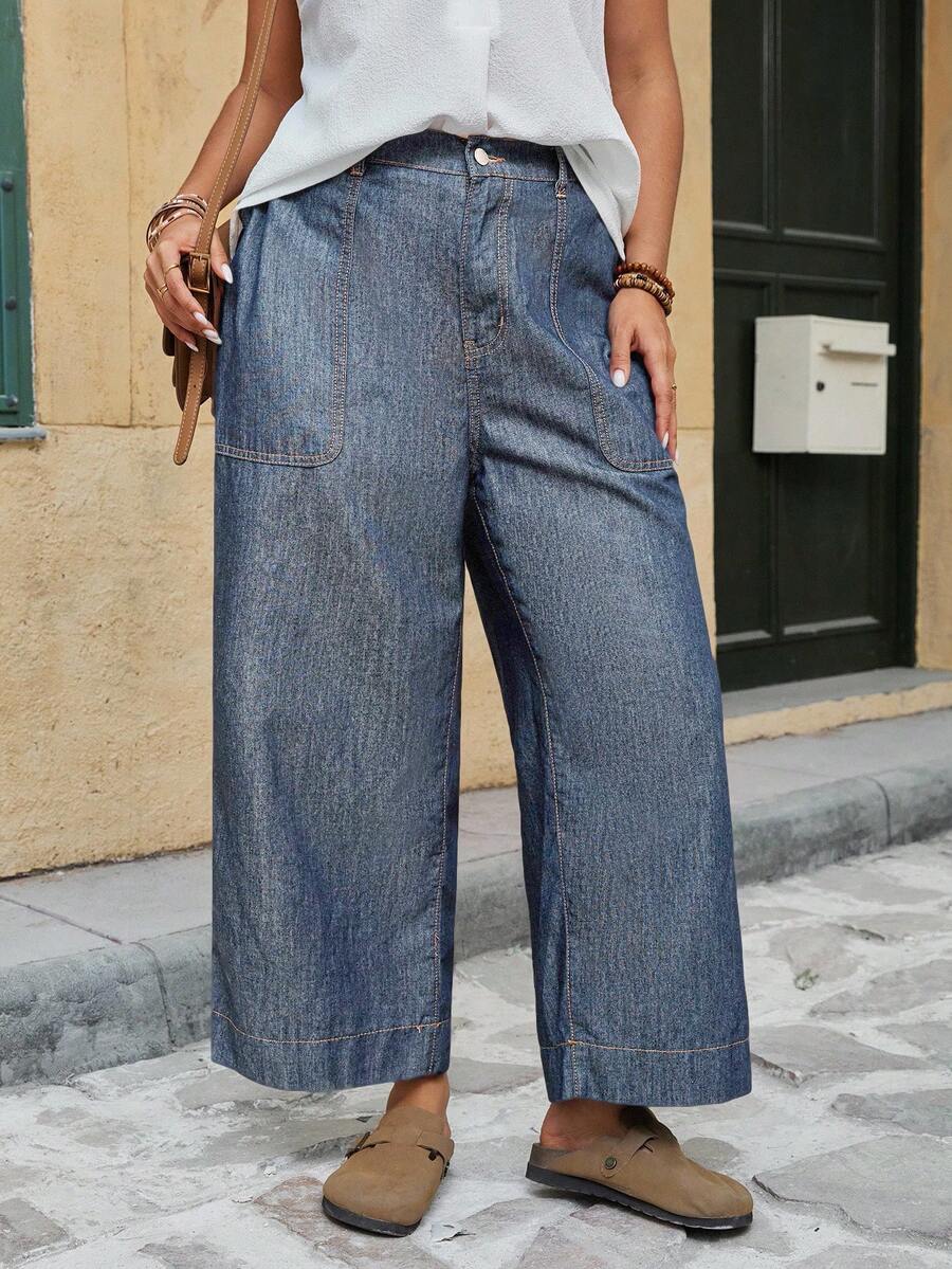 EMERY ROSE Plus Size Women Pocket Loose Flared Casual Versatile Jeans Summer - Dark Wash - View 1