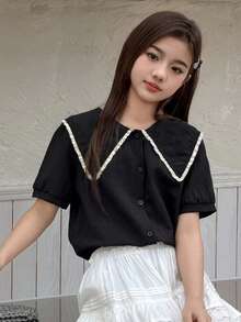 DAZY Áo sơ mi tay ngắn cổ Peter Pan cài cúc phía trước, kiểu dáng thường ngày cho bé gái tuổi teen, thích hợp mặc mùa hè. - màu đen - Xem 5