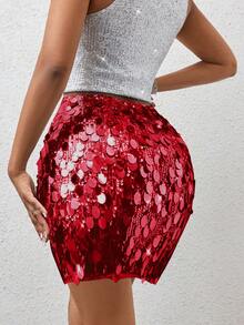 SHEIN Tall Ladies' Fashionable Party Sexy Sequin Mini Skirt - Burgundy - View 2