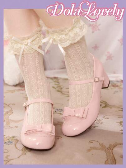 Dola Lovely Women's Pink Round Toe Chunky Heel Bow Decor Lolita Style JK Coordinate Sweet Cute Mary Jane High Heels Valentine's Day