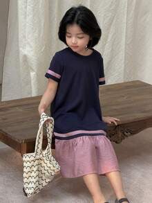 Dazy Kids 少女夏季休闲通勤撞色荷叶边短袖连衣裙 - 藏蓝色 - 查看 6
