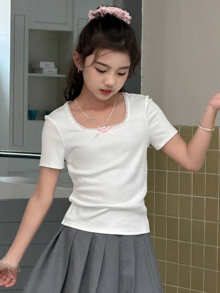 Tween Girls' Square Collar Bow Decor Short Sleeve Fitted T-Shirt Summer