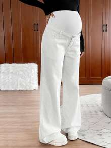 SHEIN Maternity Knit Belly Support White Denim Loose Straight Leg Pants - White - View 6