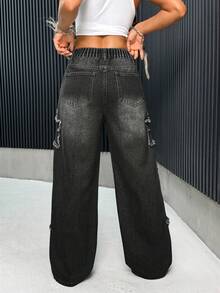 SHEIN PETITE Quần jeans nữ phong cách Y2K, quần jeans ống rộng dáng suông thoải mái với họa tiết ngôi sao, quần ống rộng, trang phục đi học, trang phục ngày Quốc khánh 4 tháng 7, quần jeans rộng màu xanh dương, màu xanh dương - màu đen - Xem 2