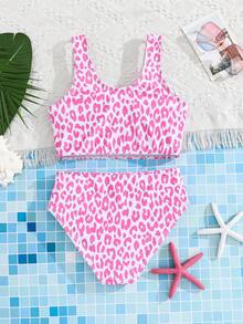 SHEIN Tween Girls' Cute Pink Leopard Print Camisole Bikini Top For Beach Vacation, Summer - Baby Pink - View 2