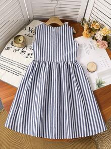 SHEIN 少女撞色拼接彼得潘领条纹休闲无袖连衣裙 - 藍白色 - 查看 2