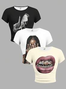 少女款白色+浅桃色+黑色，个性化街头嘻哈女孩T恤，洛杉矶手势钻石唇形图案，篮球主题，修身款，运动健身健康 - 彩色 - 查看 2