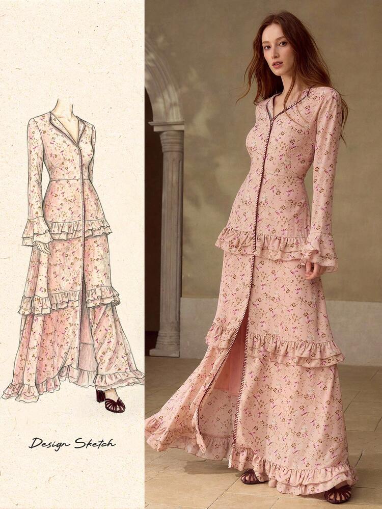 DITSY FLORAL FLARE SLEEVE LAYERED RUFFLE TIERED HEM MAXI DRESS , SPRING FALL