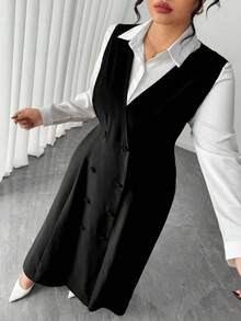 Elenzga Vestido de mujer de talla grande de unicolor con diseño de moneda vintage de doble botonadura, adecuado para volver a la escuela, graduación, San Valentín, festival de música, Día de la Madre, Halloween, Acción de Gracias, Pascua, Día Nacional, baile de graduación, cita, temporada de bodas, excursión al aire libre - Negro - Ver 5