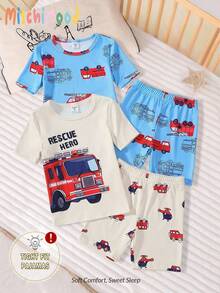 SHEIN 4 件套小男孩卡通汽车图案弹性柔软舒适针织面料短袖 T 恤和短裤睡衣套装，浅桃色和蓝色