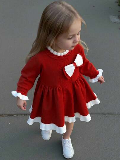 SHEIN Playful Pals 女婴时尚法式针织长袖毛衣连衣裙，秋冬季