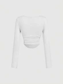 SHEIN MOD 4件套女士褶皱休闲方领长袖T恤套装，保暖衣物，秋季，外出上衣，假日，新年 - 紅色 - 查看 8