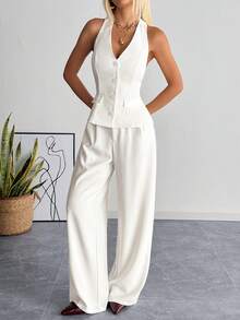 SHEIN EZwear Summer Old Money Women's Fashion White Woven Halter Backless Suit Set - White - View 3