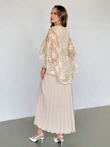 Auralis Plus-Size Women's Spring/Summer Fashion Elegant Loose Comfortable Everyday Embroidered Cape Apricot Pleated Long Dress,Spring Clothes,Wedding Guest Dress For Women,Party Dress,Romantic Style Spring Outfit Women Spring Dress For Women - Apricot - View 2