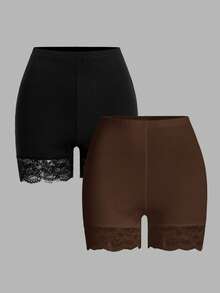 SHEIN Essnce Bộ quần short phối ren màu trơn dành cho nữ cỡ lớn (2 mảnh) - Nhiều màu - Xem 1