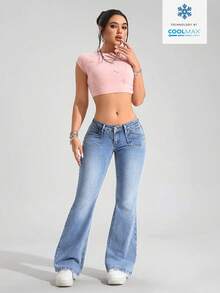 SHEIN PETITE Quần jeans nữ cạp thấp ống loe dáng suông, đa năng, thích hợp cho việc đi làm. - Rửa nhẹ - Xem 3