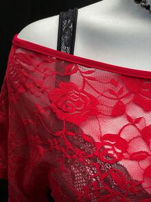 EgrlEra 时尚女士透视红色性感蕾丝T恤 - 紅色 - 查看 7