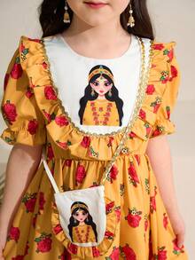 Girls Yellow Tunic Abaya Kaftan Jalabiya,Blue Butterfly,Summer,Party Middle Eastern Muslim Cartoon Moon & Star Pattern,Modest Dress With Floral Ruffle - Yellow - View 3