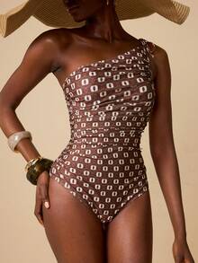 Swim Chiccia Women's Geometric Print Ruched One-Piece Swimsuit, Vacation - Brown - View 5