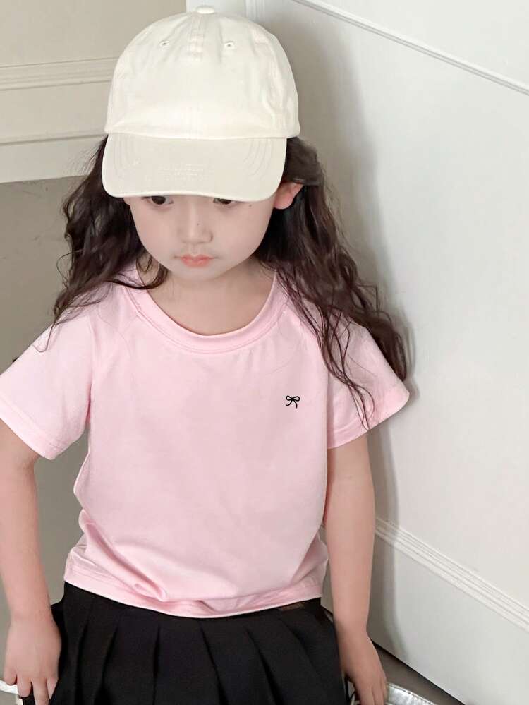2pcs/Set Young Girls Round Neck Knit Bow Embroidered T-Shirt Spring Summer
