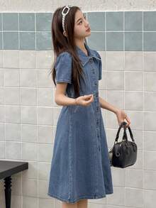 DAZY Đầm denim tay ngắn cổ bẻ cho bé gái tuổi teen, thích hợp cho mùa thu. - Màu xanh lam - Xem 2