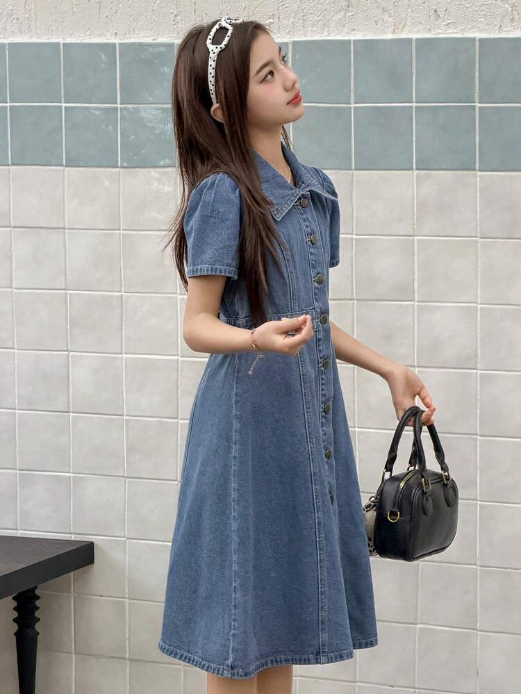 Tween Girls' Denim Dress With Turndown Collar, Short Sleeve, Fall