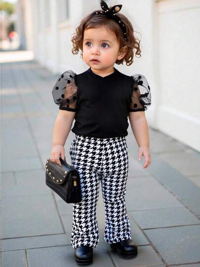 TaviRue Babygirl Cute Knit Patchwork Polka Dot Mesh Top & Houndstooth Flare Pants Set Summer Outfits/Summer Clothes