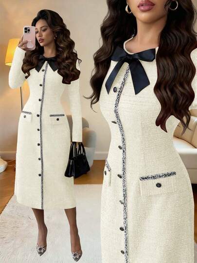 Elenzga Women's Autumn/Winter Knitted Fitted Round Neck Raglan Sleeve Cinched Waist A-Line Faux Pocket Bow Accent Elegant Casual Christmas Party Holiday Mid-Length Dress