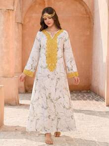 Teen Girl Elegant Geometric Pattern Floral Print Notch Neck Long Sleeve Long Maxi Dress - Multicolor - View 2