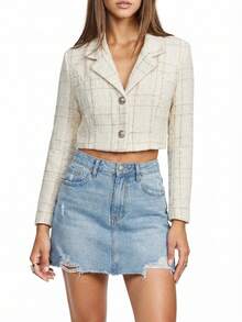 Glamine Women's Elegant Tweed Lapel NeckSingle-Breasted Cropped Jacket - Apricot - View 6