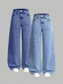 2pcs/Set Teen Girl Loose Straight Leg Relaxed Fit Casual Blue Jeans,Winter Streetwear Graduation Back-To-School,Flattering&Snug Fit,Versatile Daily - Multicolor - View 7