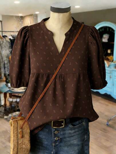 Linhara 大码女式印花V领泡泡袖休闲衬衫，情人节款