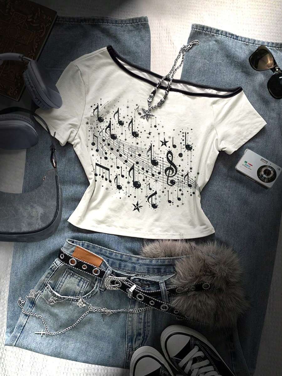 Glimmora Retro American, Y2K Style, Music Symbol Print Off-Shoulder T-Shirt, Suitable For Music Festivals And Daily Wear - White - View 1