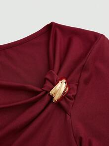 Sweetra T-shirt ajusté à manches courtes avec ourlet asymétrique minimaliste de couleur unie grande taille - Noir - Voir 13
