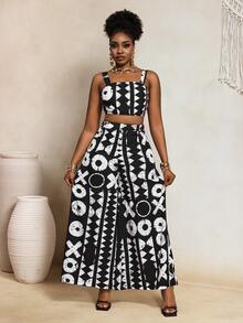 SHEIN BamGlam 新款复古极简性感数码印花无袖背心和长裤两件套，适合春夏度假穿着 - 黑色 - 查看 8