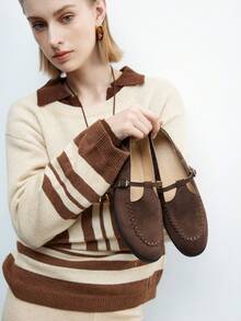CUCCOO BIZCHIC Giày lười kiểu retro mới, giày da nhỏ, mũi tròn, đế bằng, kiểu xỏ chân, có khóa cài, giày công sở cho nữ. - Cà phê nâu - Xem 3