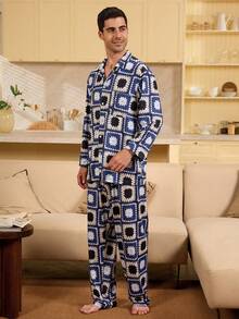 Velminro Men's Turndown Collar All-Over Print Single-Breasted Long Sleeve Top And Pants Casual Loungewear Set Men Sleepwear Couple Twinning Outfits - Mint Blue - View 1