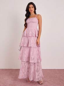Enchnt Spring/Summer Romantic Women's Pink Jacquard Ruched Bust Layered Ruffled Camisole Maxi Dress,Sweet&Elegant For Vacation&Date&Holiday&Going Out&Valentine's Day,Spring Outfit Women - Baby Pink - View 6