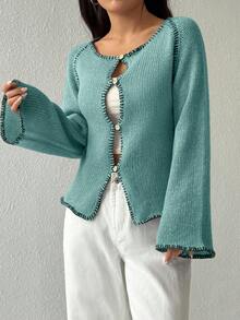 Flirla Áo khoác cardigan dài tay nữ màu trơn, cài nút, khoét lỗ, kiểu dáng thường ngày. - Màu xanh lá cây đậm - Xem 4