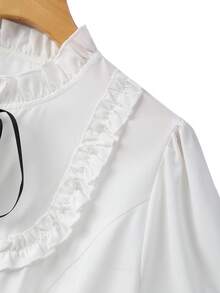 Elenzga 大码女装畅销款蝴蝶结撞色翻领短袖衬衫，法式复古优雅荷叶边下摆单排扣吊带外套，适合派对穿着 - 白色 - 查看 4