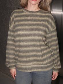 Turnttoni Oversized Crew Neck Striped Jumper Spring Casual Y2k 90's Stripe Oversized Airport Fall Autumn Winter Everyday Christmas Work Thanksgiving Chic - Green - View 3