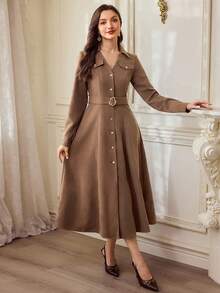 Vintamour Vintage Classic Elegant Women's Dress, Autumn/Winter, Fitted, Metal Button, Collar, Long Sleeve, Belt, Coffee Brown Color, Pocket Flap - Coffee Brown - View 6