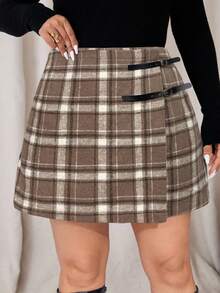 Auralis Plus Size Plaid Casual Skirt - Khaki - View 5