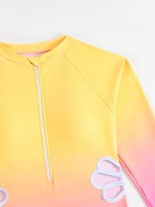 SHEIN 1 buah Baju Renang Terusan Anak Perempuan Remaja Warna Gradien dengan Potongan Pinggang Lengan Panjang, Baju Renang Pantai Neon untuk Liburan Olahraga Pantai Musim Panas - Kuning - View 3