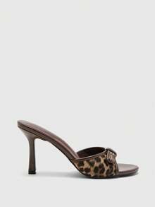 CUCCOO SZL Giày sandal đế bệt kiểu retro cao gót 3.5 inch, chất liệu da PU màu nâu phối khóa vàng, mũi tròn, thích hợp cho dịp Giáng sinh. - Mẫu da báo PU - Xem 2