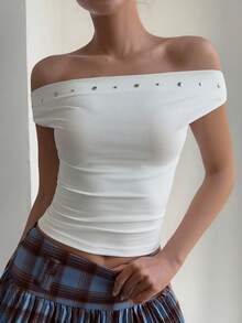 DAZY Women's Off-Shoulder Studded Trim Ribbed T-Shirt Y2k - White - View 2