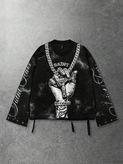 Street Life Maglietta vintage da uomo a girocollo con maniche lunghe e grafica Saint in stile urban consumato