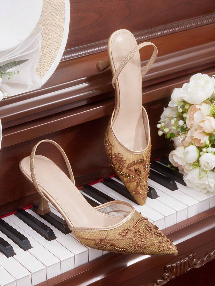 CUCCOO HITCHD Women's New Embroidered Lace Pointed Toe Elegant Champagne Mesh High Heels, Bridal Shoes For Romantic Date, Wedding, Banquet Valentine's Day Elegant Shoes