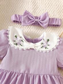 SHEIN Newborn Baby Girl Purple Striped Embroidered Ruffled Collar Princess Dress With Bow Headband Set - Purple - View 5